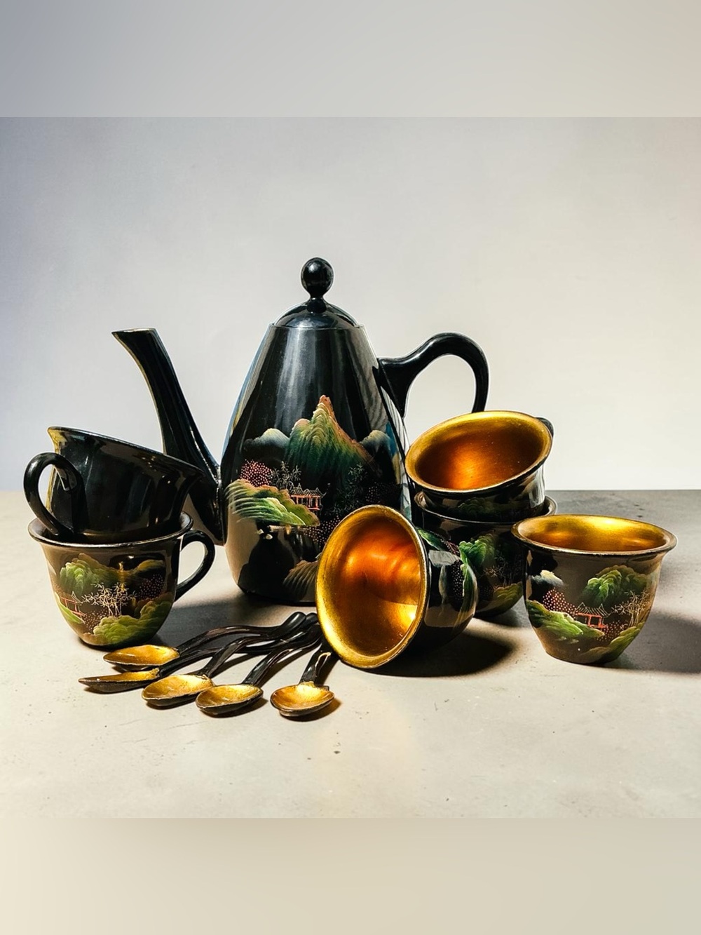 13 Pc 1930s Chinese Import Lacquer Ware Tea Set (Toy?) Asian Black Handpainted